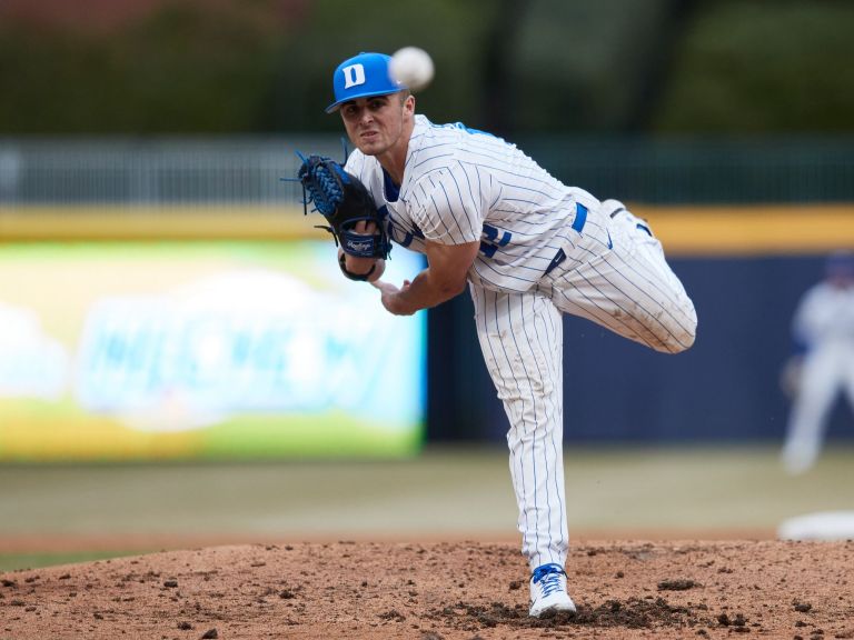 Duke Blue Devils starting pitcher Jonathan Santucci throws a pitch.